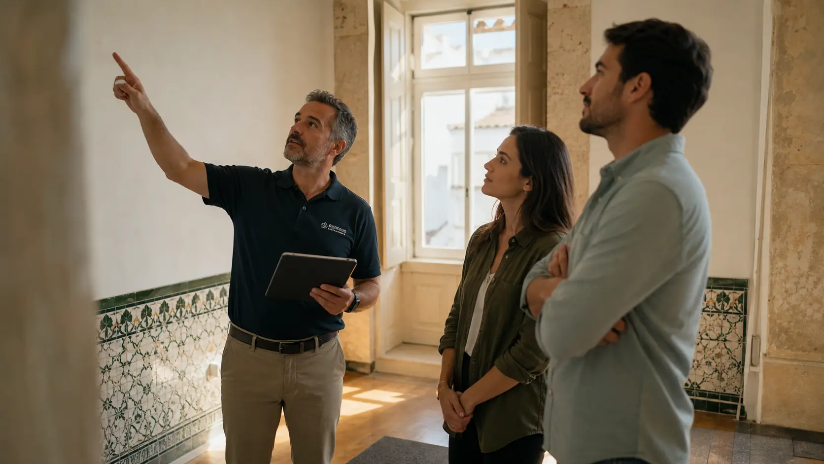 Inspector explaining property condition to buyers