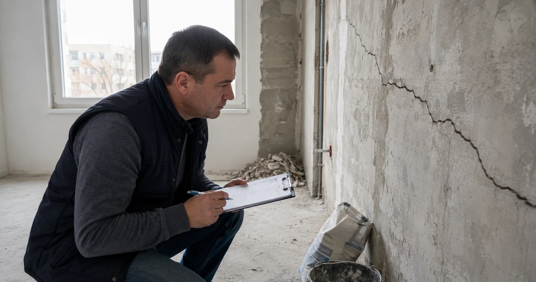 Inspetor a avaliar imóvel antes de obras de renovação